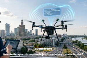 Dron DJI Matrice 400 z wizualizacją systemu Remote ID nad Warszawą, kontrolowany przez funkcjonariusza policji.